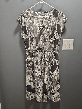 Talbots Black and White Palm-Print Midi Dress